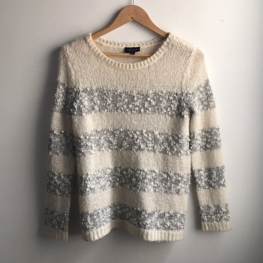 NWOT TOPSHOP cream silver sequin stripe sweater